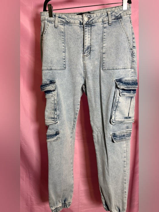 Denim - Women’s Light Wash Cargo Denim Joggers Jeans- Light Blue Size Large